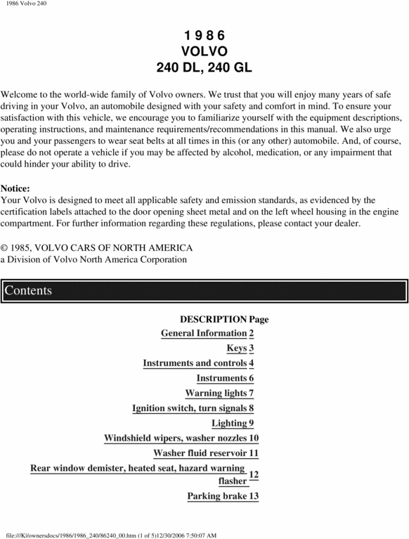 Product picture 86 Volvo 240 1986 Owners Manual