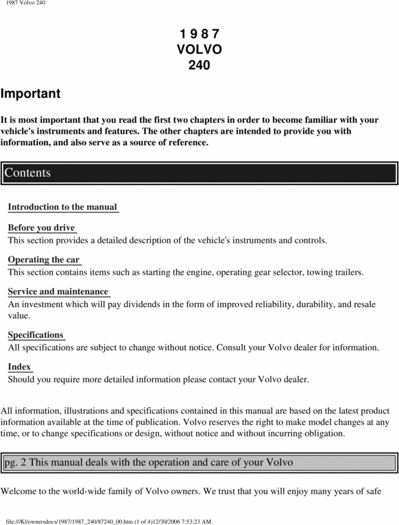 Product picture 87 Volvo 240 1987 Owners Manual