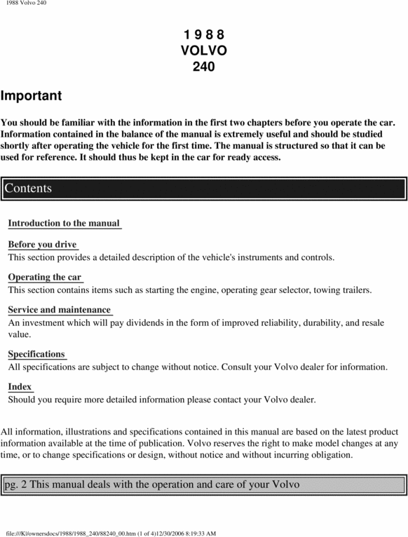 Product picture 88 Volvo 240 1988 Owners Manual