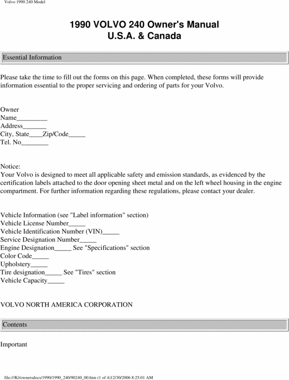 Product picture 90 Volvo 240 1990 Owners Manual