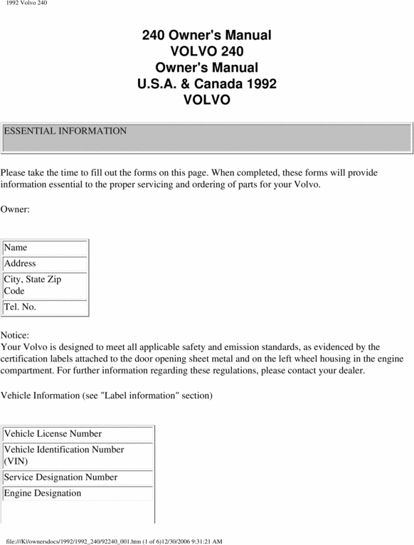 Product picture 92 Volvo 240 1992 Owners Manual