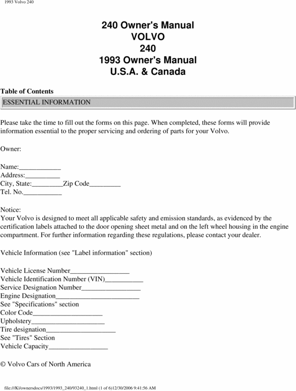 Product picture 93 Volvo 240 1993 Owners Manual