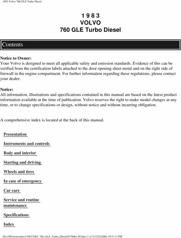 Product picture 83 Volvo 760 GLE Turbo Diesel 1983 Owners Manual
