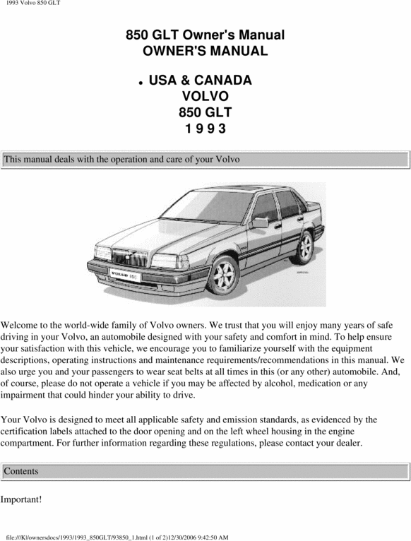 Product picture 93 Volvo 850 1993 Owners Manual