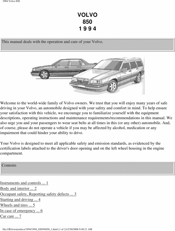 Product picture 94 Volvo 850 1994 Owners Manual
