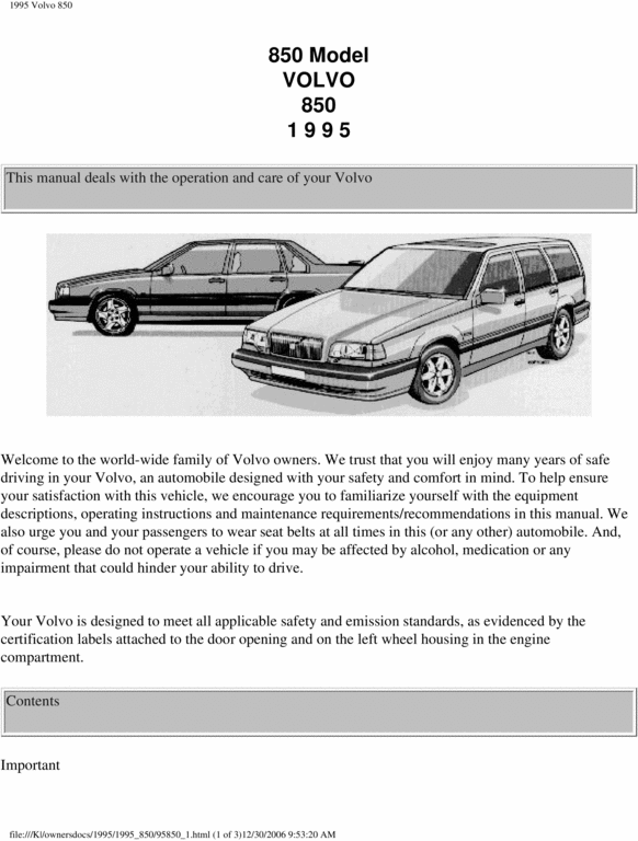 Product picture 95 Volvo 850 1995 Owners Manual