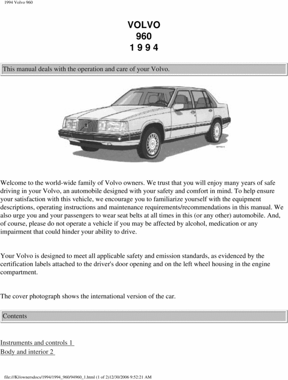 Product picture 94 Volvo 960 1994 Owners Manual