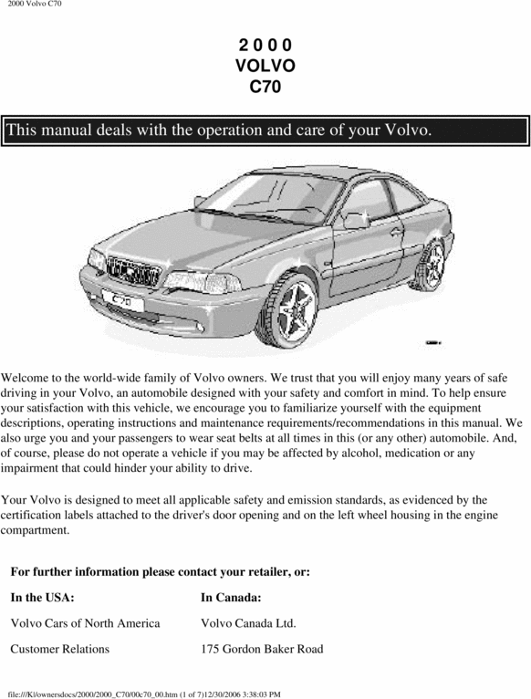 Product picture 00 Volvo C70 2000 Owners Manual