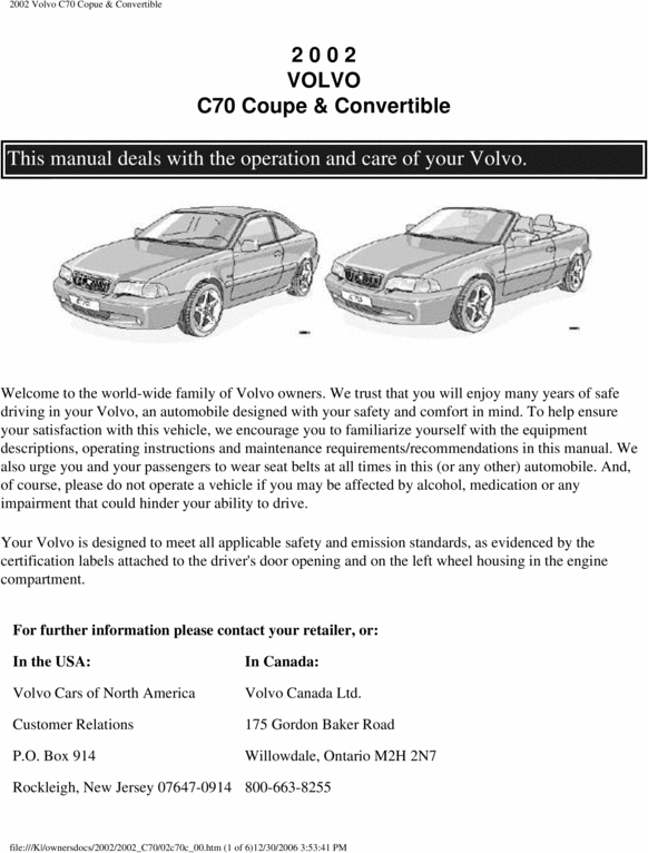 Product picture 02 Volvo C70 2002 Owners Manual