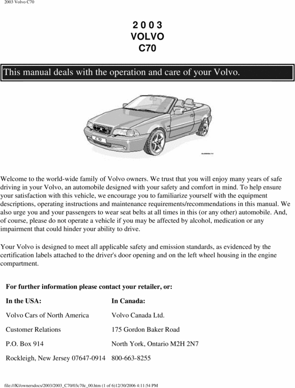 Product picture 03 Volvo C70 2003 Owners Manual