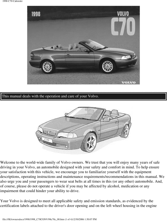 Product picture 98 Volvo C70 Convertible 1998 Owners Manual
