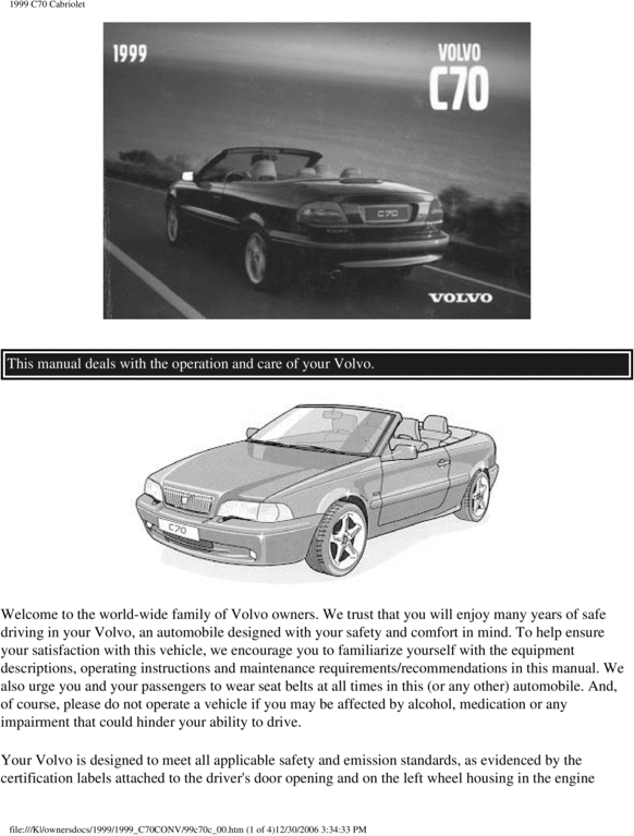 Product picture 99 Volvo C70 Convertible 1999 Owners Manual
