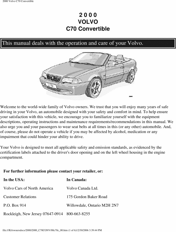 Product picture 00 Volvo C70 Convertible 2000 Owners Manual