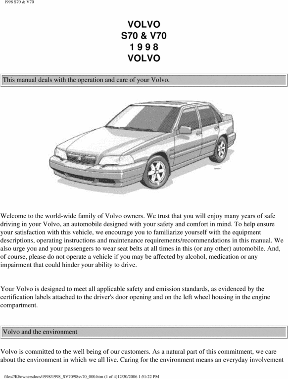 Product picture 98 Volvo S70 V70 1998 Owners Manual