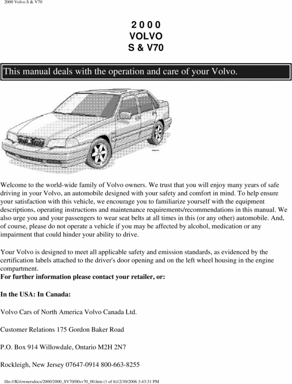 Product picture 00 Volvo S70 V70 2000 Owners Manual