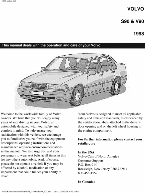 Product picture 98 Volvo S90 V90 1998 Owners Manual
